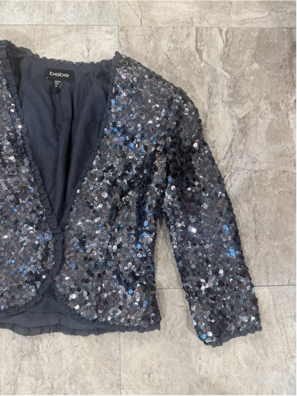 VTG Y2K Bebe 100% Silk Grey Sequin Shrug Bolero Sz 00 Club